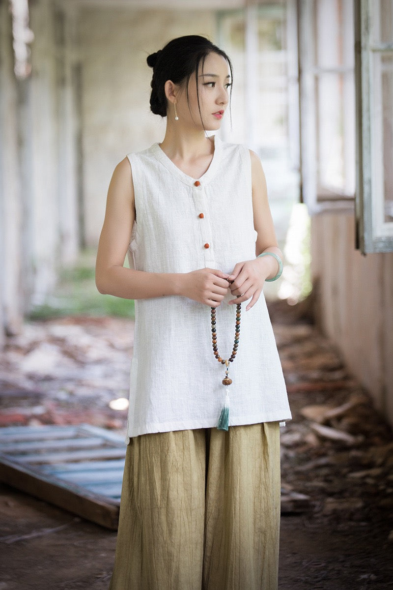 Tao One Tech™ • Zen Qigong Tea Tank Top • All Season Layer • Chinoiserie • Ramie Cotton