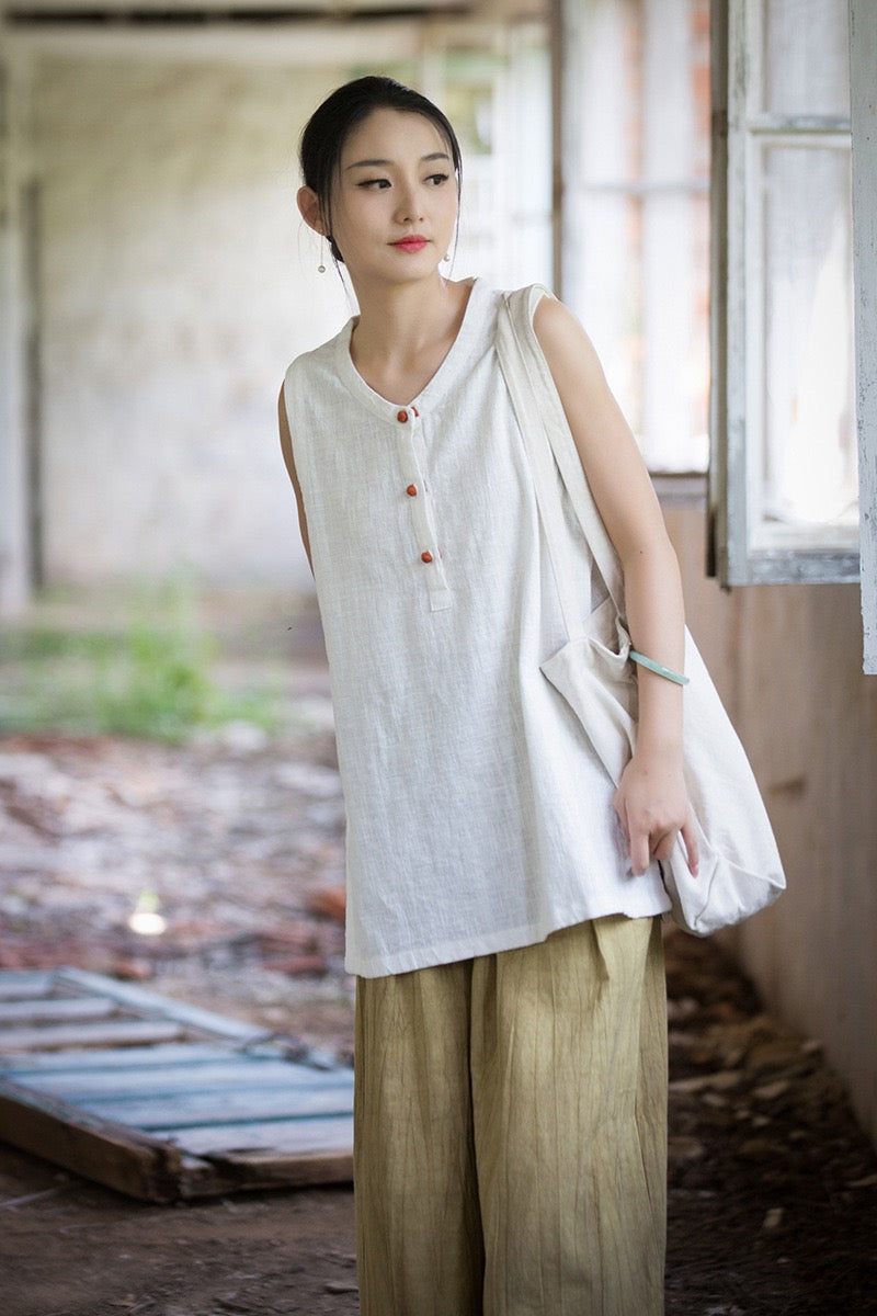 Tao One Tech™ • Zen Qigong Tea Tank Top • All Season Layer • Chinoiserie • Ramie Cotton