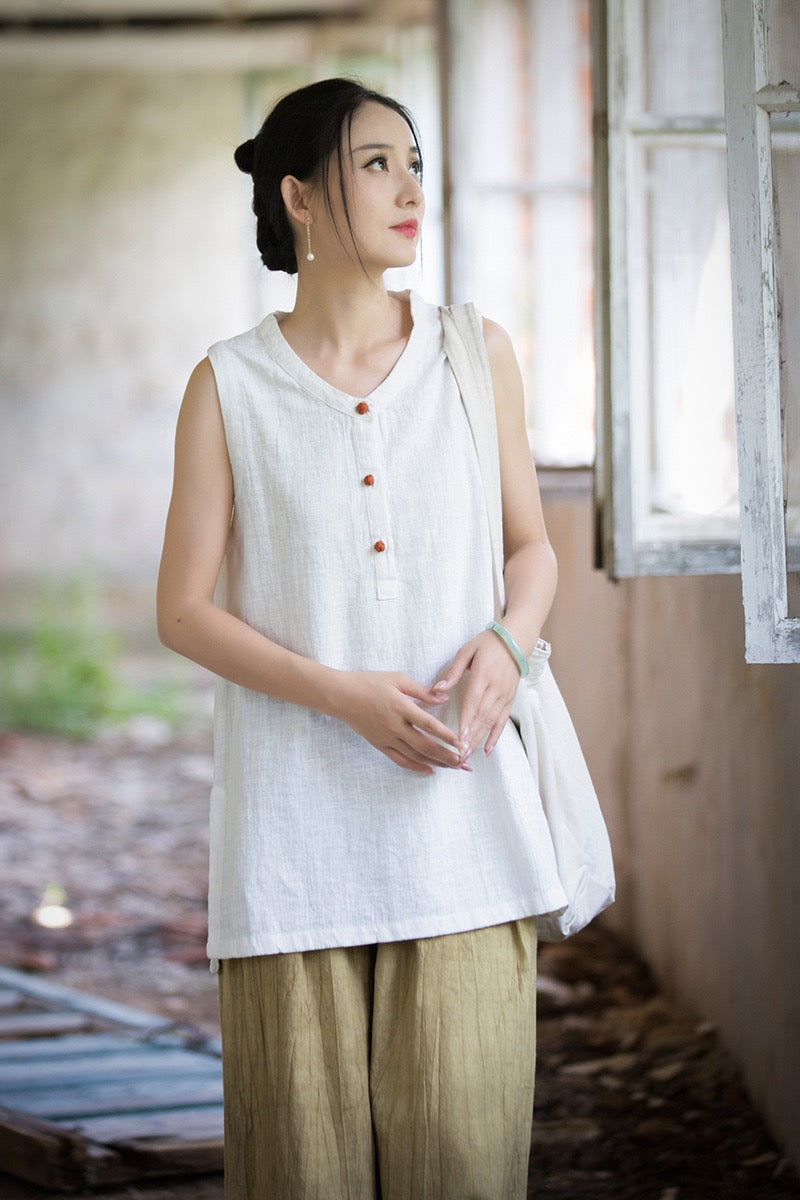 Tao One Tech™ • Zen Qigong Tea Tank Top • All Season Layer • Chinoiserie • Ramie Cotton