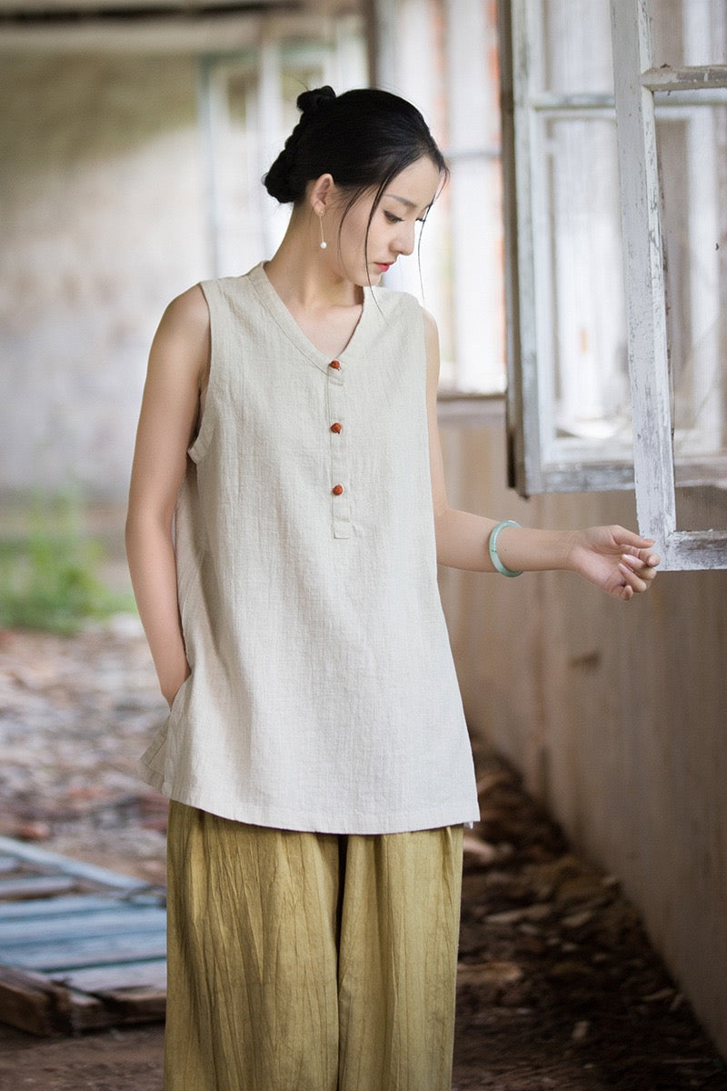 Tao One Tech™ • Zen Qigong Tea Tank Top • All Season Layer • Chinoiserie • Ramie Cotton