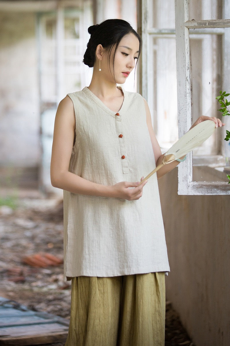 Tao One Tech™ • Zen Qigong Tea Tank Top • All Season Layer • Chinoiserie • Ramie Cotton