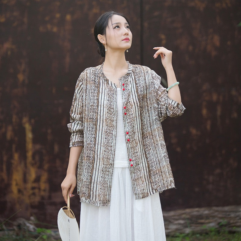 Tao One Tech™ • Zen Qigong Artistic Tea Cardigan Shirt • Sunscreen Layer • All Season Layer • Chinoiserie • Premium Pure Ramie