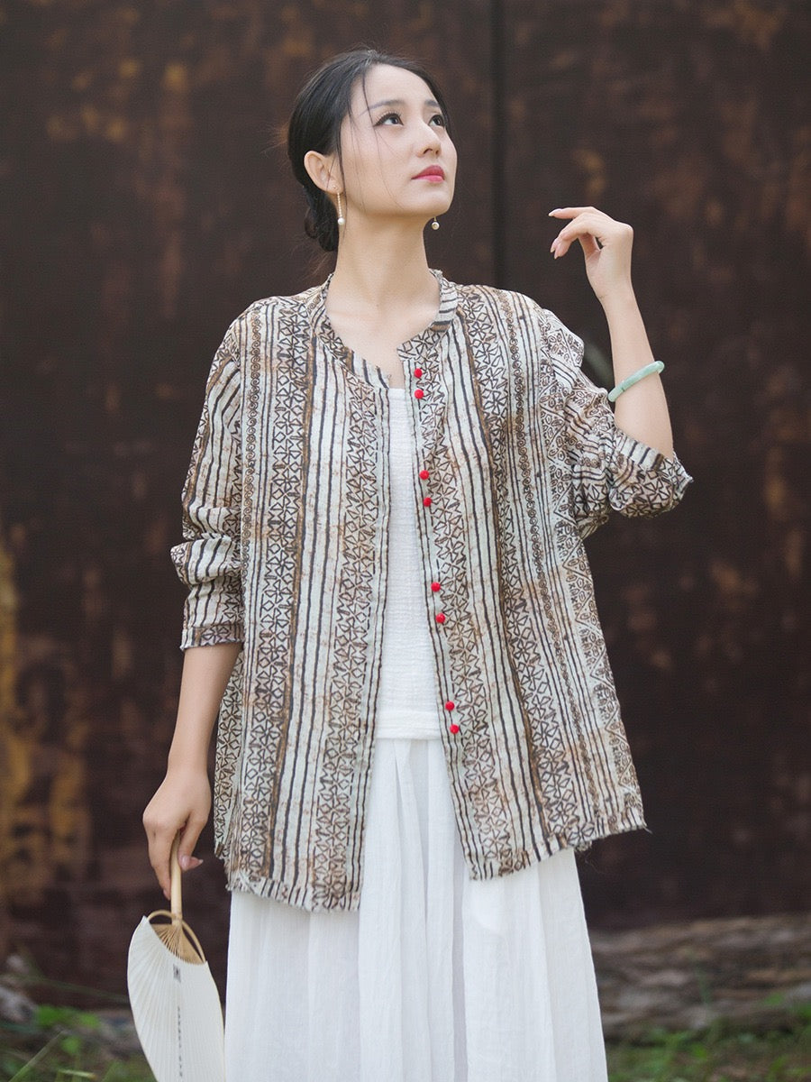 Tao One Tech™ • Zen Qigong Artistic Tea Cardigan Shirt • Sunscreen Layer • All Season Layer • Chinoiserie • Premium Pure Ramie