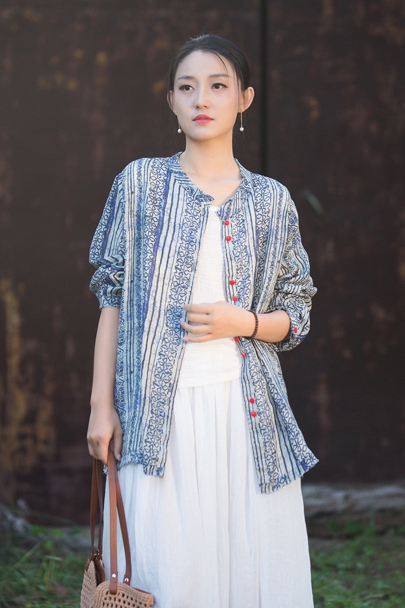 Tao One Tech™ • Zen Qigong Artistic Tea Cardigan Shirt • Sunscreen Layer • All Season Layer • Chinoiserie • Premium Pure Ramie