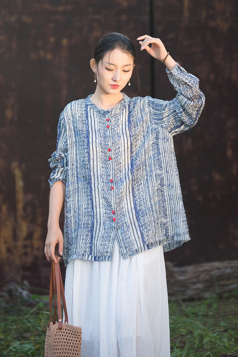 Tao One Tech™ • Zen Qigong Artistic Tea Cardigan Shirt • Sunscreen Layer • All Season Layer • Chinoiserie • Premium Pure Ramie