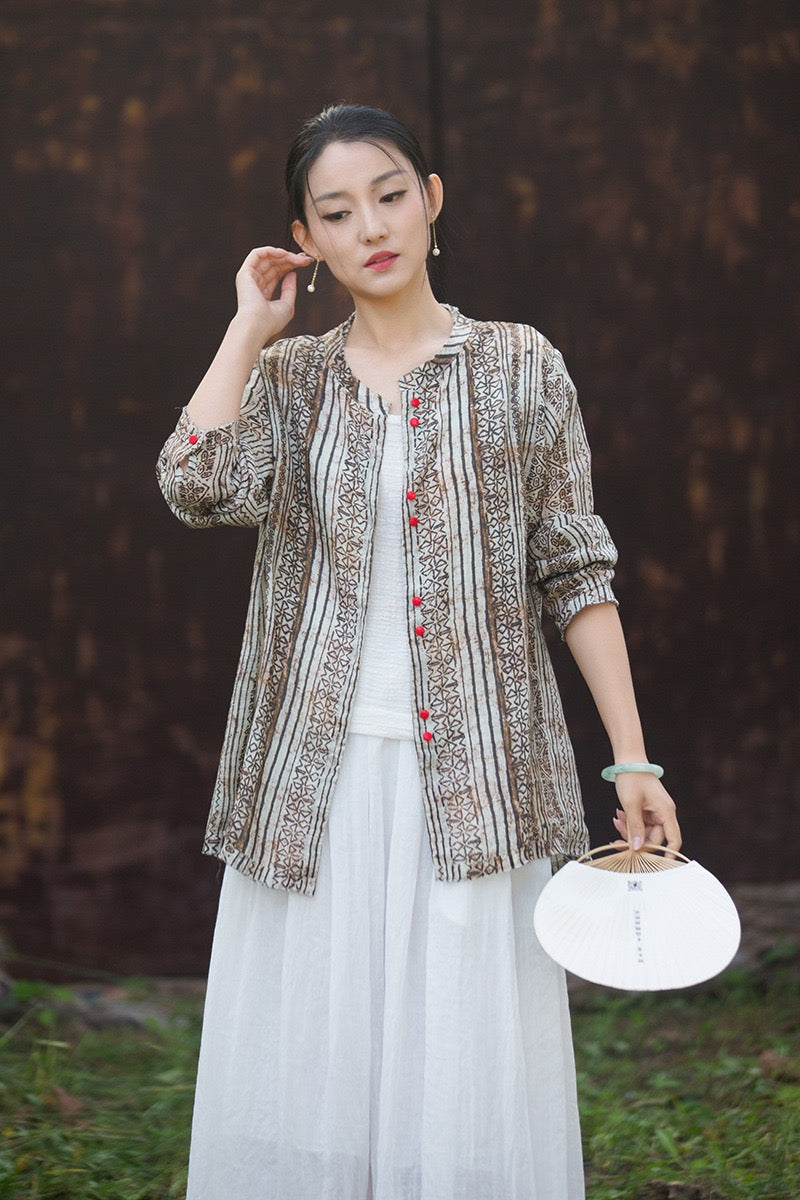 Tao One Tech™ • Zen Qigong Artistic Tea Cardigan Shirt • Sunscreen Layer • All Season Layer • Chinoiserie • Premium Pure Ramie