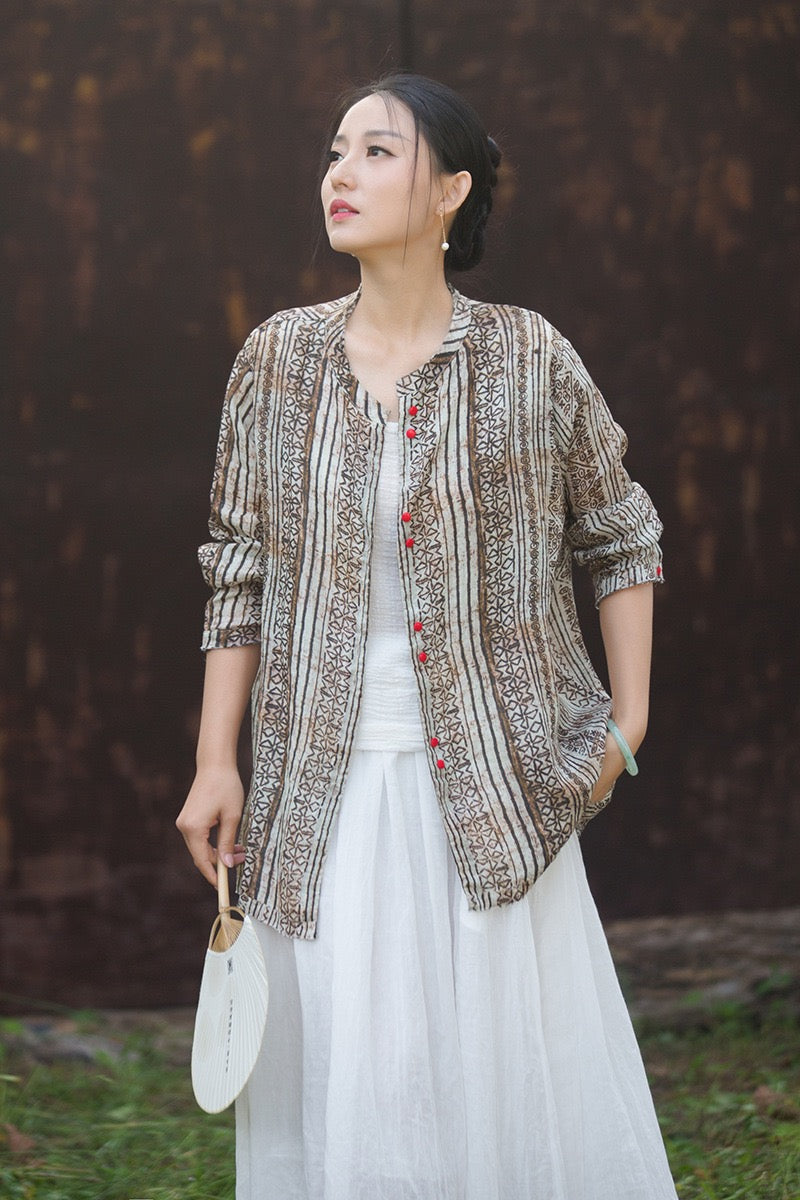 Tao One Tech™ • Zen Qigong Artistic Tea Cardigan Shirt • Sunscreen Layer • All Season Layer • Chinoiserie • Premium Pure Ramie