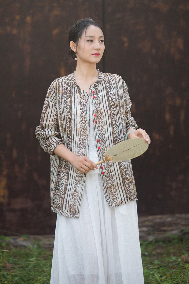 Tao One Tech™ • Zen Qigong Artistic Tea Cardigan Shirt • Sunscreen Layer • All Season Layer • Chinoiserie • Premium Pure Ramie