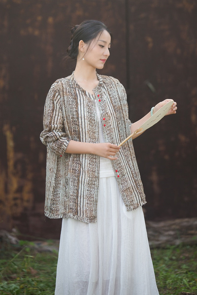 Tao One Tech™ • Zen Qigong Artistic Tea Cardigan Shirt • Sunscreen Layer • All Season Layer • Chinoiserie • Premium Pure Ramie