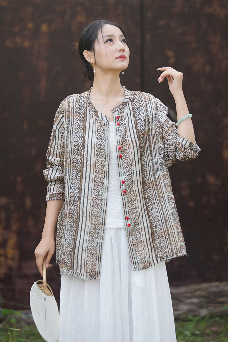 Tao One Tech™ • Zen Qigong Artistic Tea Cardigan Shirt • Sunscreen Layer • All Season Layer • Chinoiserie • Premium Pure Ramie