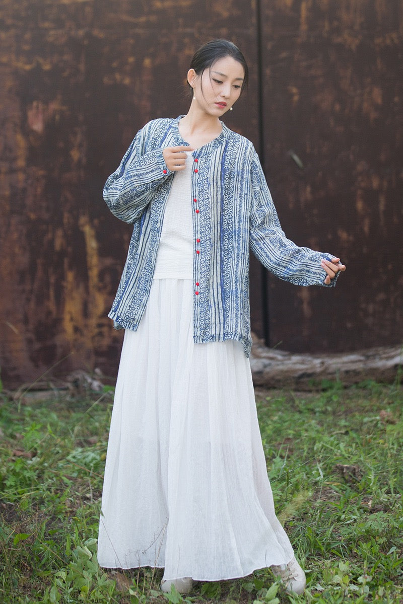 Tao One Tech™ • Zen Qigong Artistic Tea Cardigan Shirt • Sunscreen Layer • All Season Layer • Chinoiserie • Premium Pure Ramie