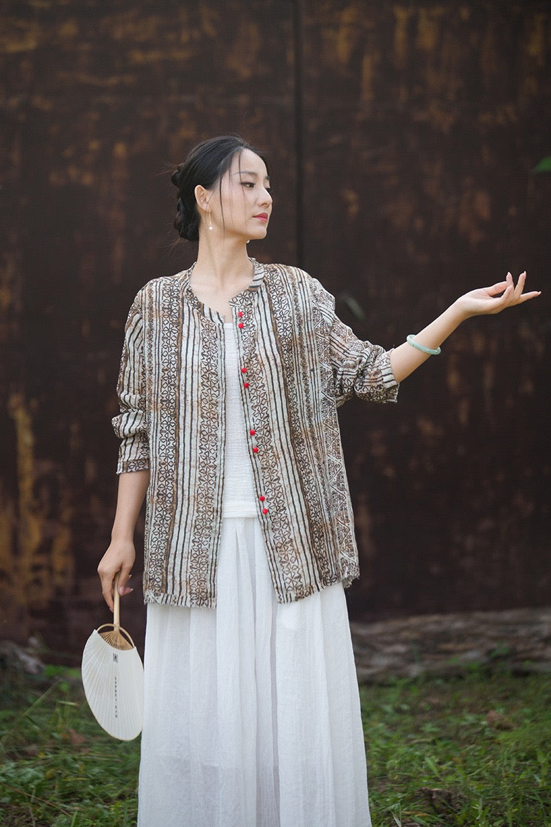 Tao One Tech™ • Zen Qigong Artistic Tea Cardigan Shirt • Sunscreen Layer • All Season Layer • Chinoiserie • Premium Pure Ramie
