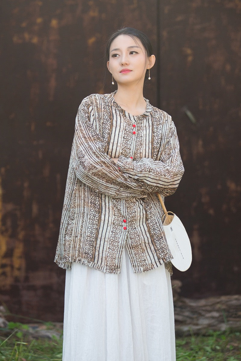 Tao One Tech™ • Zen Qigong Artistic Tea Cardigan Shirt • Sunscreen Layer • All Season Layer • Chinoiserie • Premium Pure Ramie