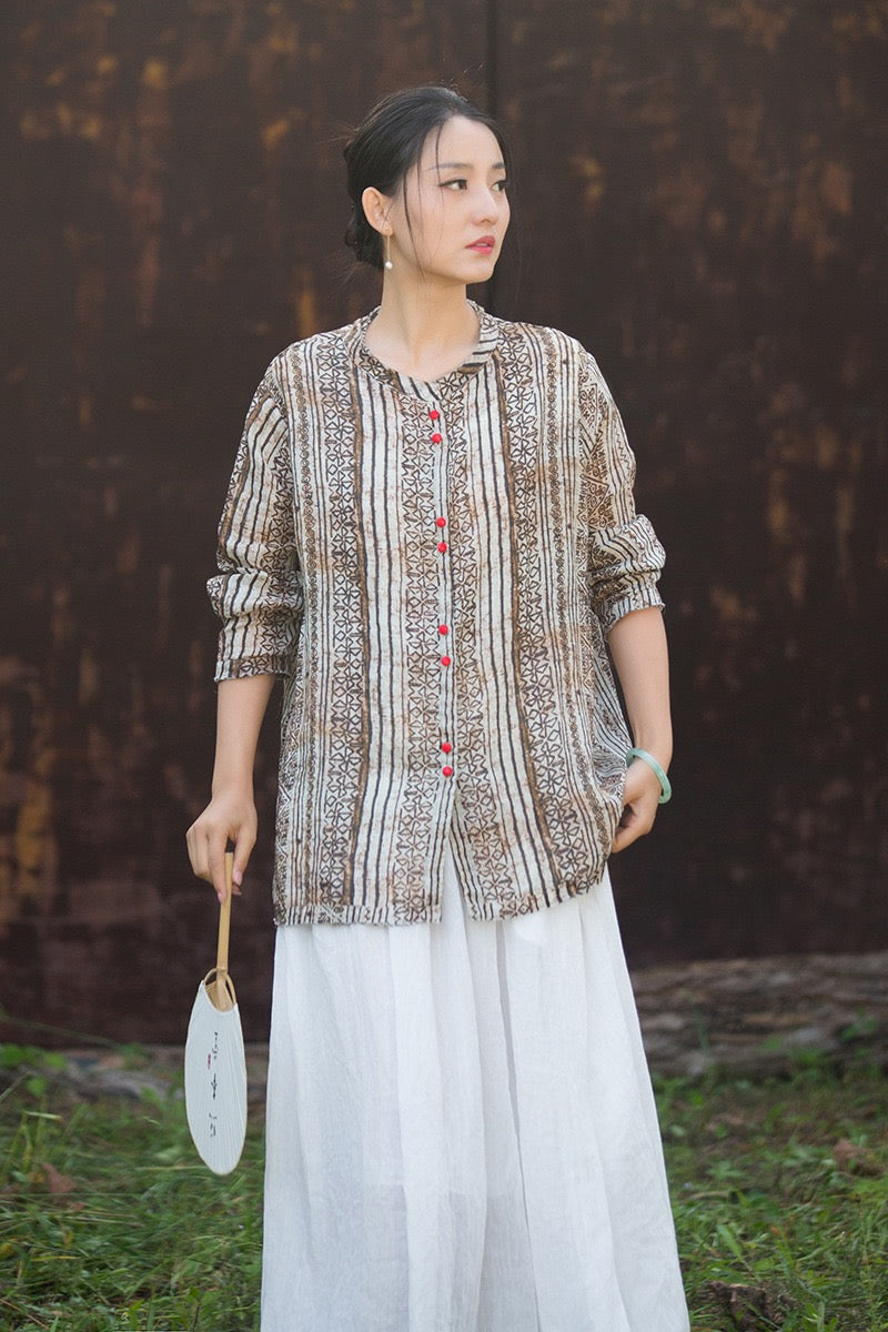 Tao One Tech™ • Zen Qigong Artistic Tea Cardigan Shirt • Sunscreen Layer • All Season Layer • Chinoiserie • Premium Pure Ramie