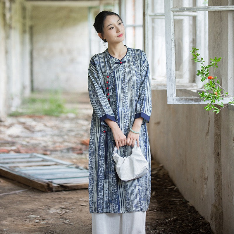 Tao One Tech™ • Zen Qigong Artistic Tea Cheongsam Dress • Qipao • Sunscreen Layer • All Season Layer • Chinoiserie • Premium Pure Ramie