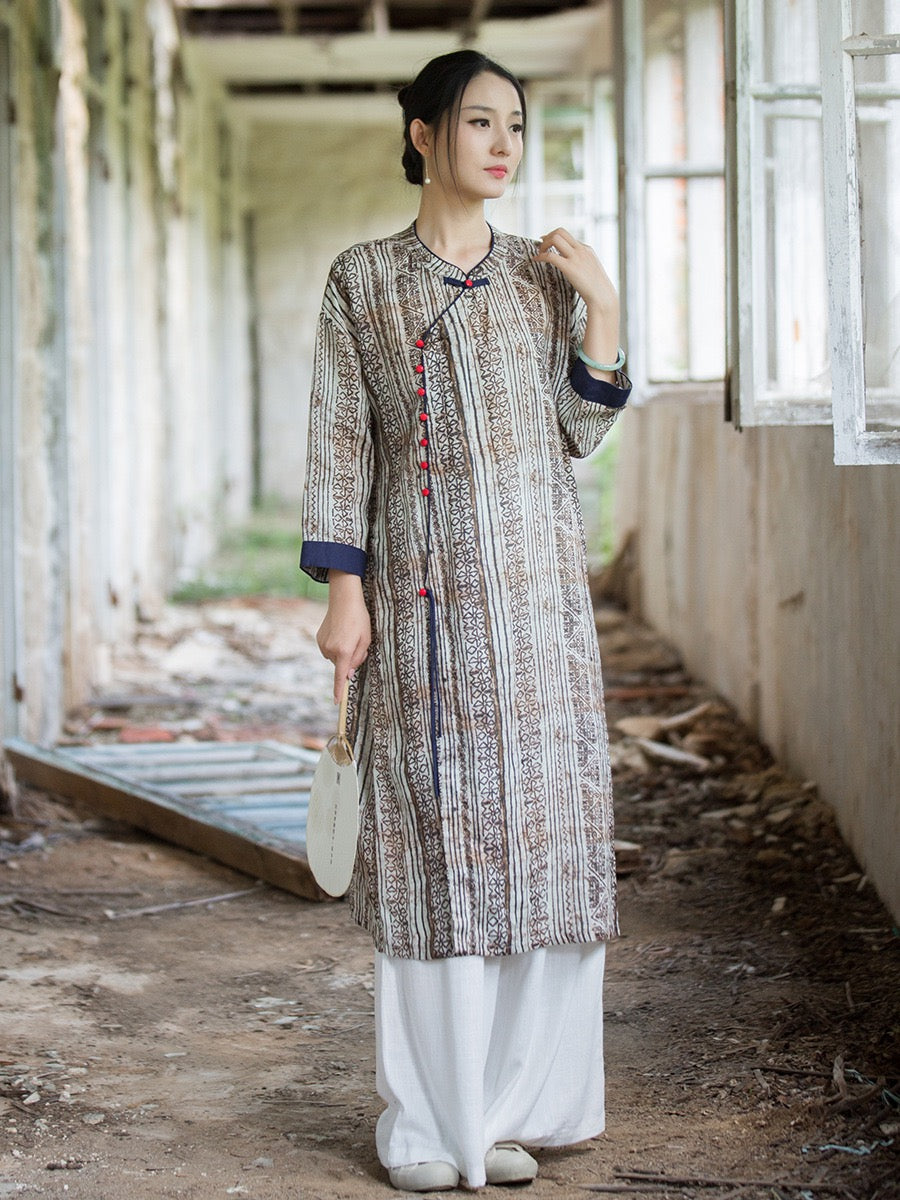 Tao One Tech™ • Zen Qigong Artistic Tea Cheongsam Dress • Qipao • Sunscreen Layer • All Season Layer • Chinoiserie • Premium Pure Ramie