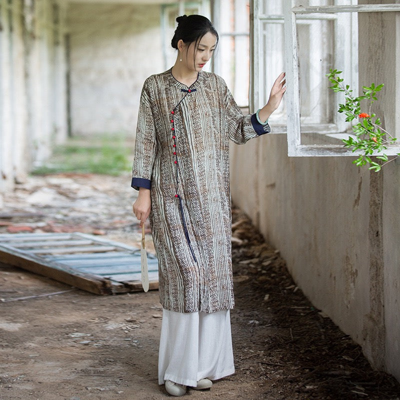 Tao One Tech™ • Zen Qigong Artistic Tea Cheongsam Dress • Qipao • Sunscreen Layer • All Season Layer • Chinoiserie • Premium Pure Ramie
