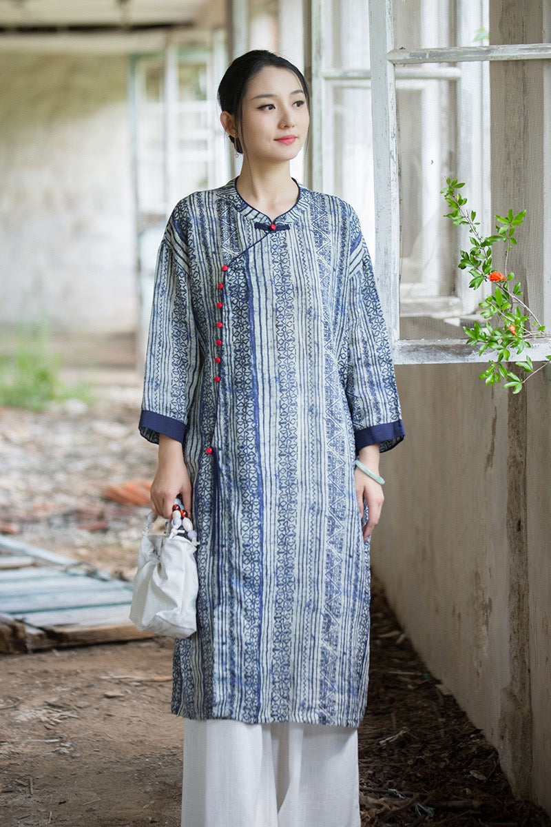 Tao One Tech™ • Zen Qigong Artistic Tea Cheongsam Dress • Qipao • Sunscreen Layer • All Season Layer • Chinoiserie • Premium Pure Ramie