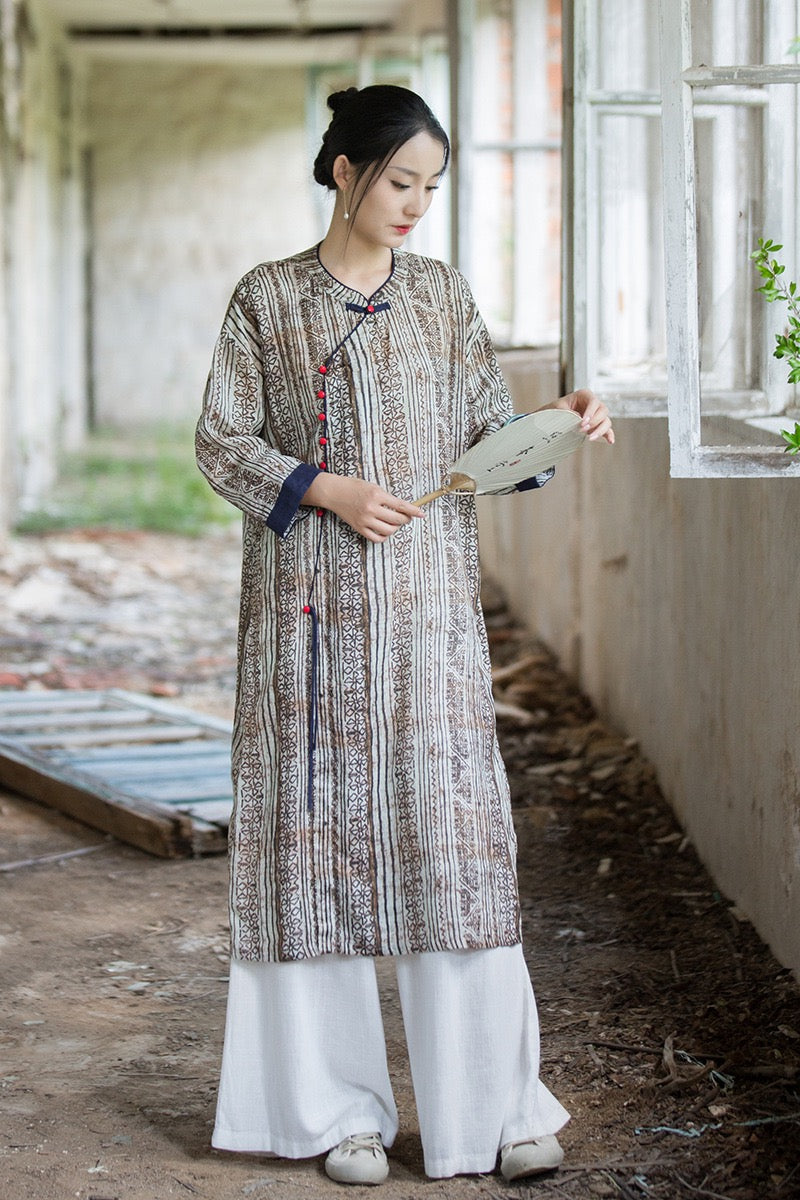 Tao One Tech™ • Zen Qigong Artistic Tea Cheongsam Dress • Qipao • Sunscreen Layer • All Season Layer • Chinoiserie • Premium Pure Ramie