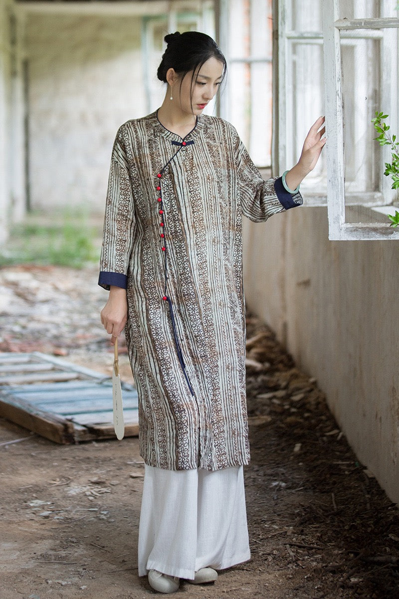 Tao One Tech™ • Zen Qigong Artistic Tea Cheongsam Dress • Qipao • Sunscreen Layer • All Season Layer • Chinoiserie • Premium Pure Ramie