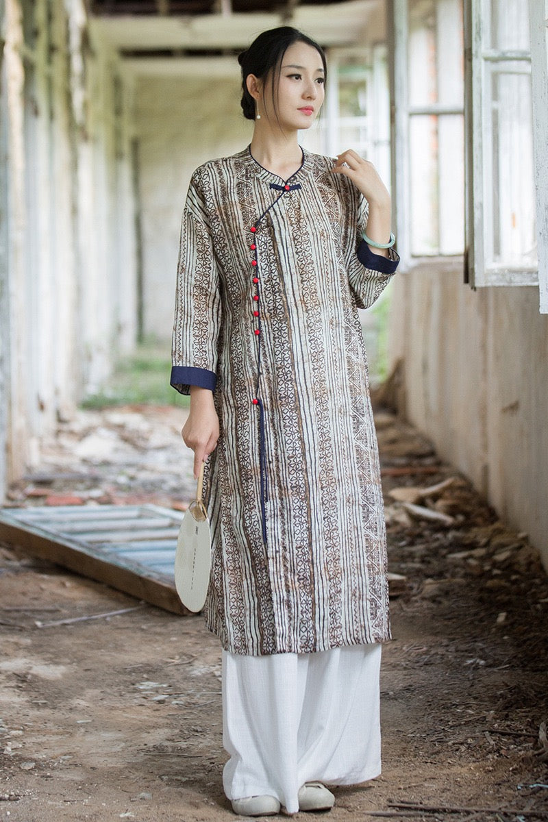 Tao One Tech™ • Zen Qigong Artistic Tea Cheongsam Dress • Qipao • Sunscreen Layer • All Season Layer • Chinoiserie • Premium Pure Ramie