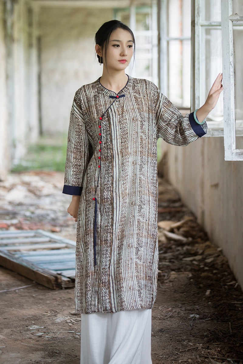 Tao One Tech™ • Zen Qigong Artistic Tea Cheongsam Dress • Qipao • Sunscreen Layer • All Season Layer • Chinoiserie • Premium Pure Ramie