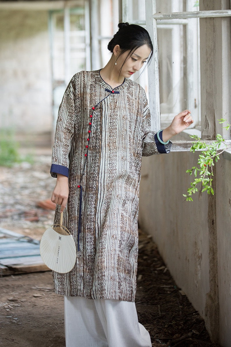 Tao One Tech™ • Zen Qigong Artistic Tea Cheongsam Dress • Qipao • Sunscreen Layer • All Season Layer • Chinoiserie • Premium Pure Ramie