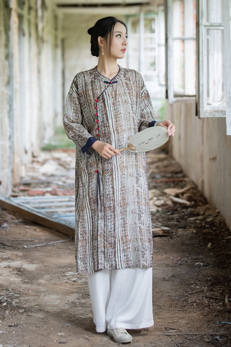 Tao One Tech™ • Zen Qigong Artistic Tea Cheongsam Dress • Qipao • Sunscreen Layer • All Season Layer • Chinoiserie • Premium Pure Ramie