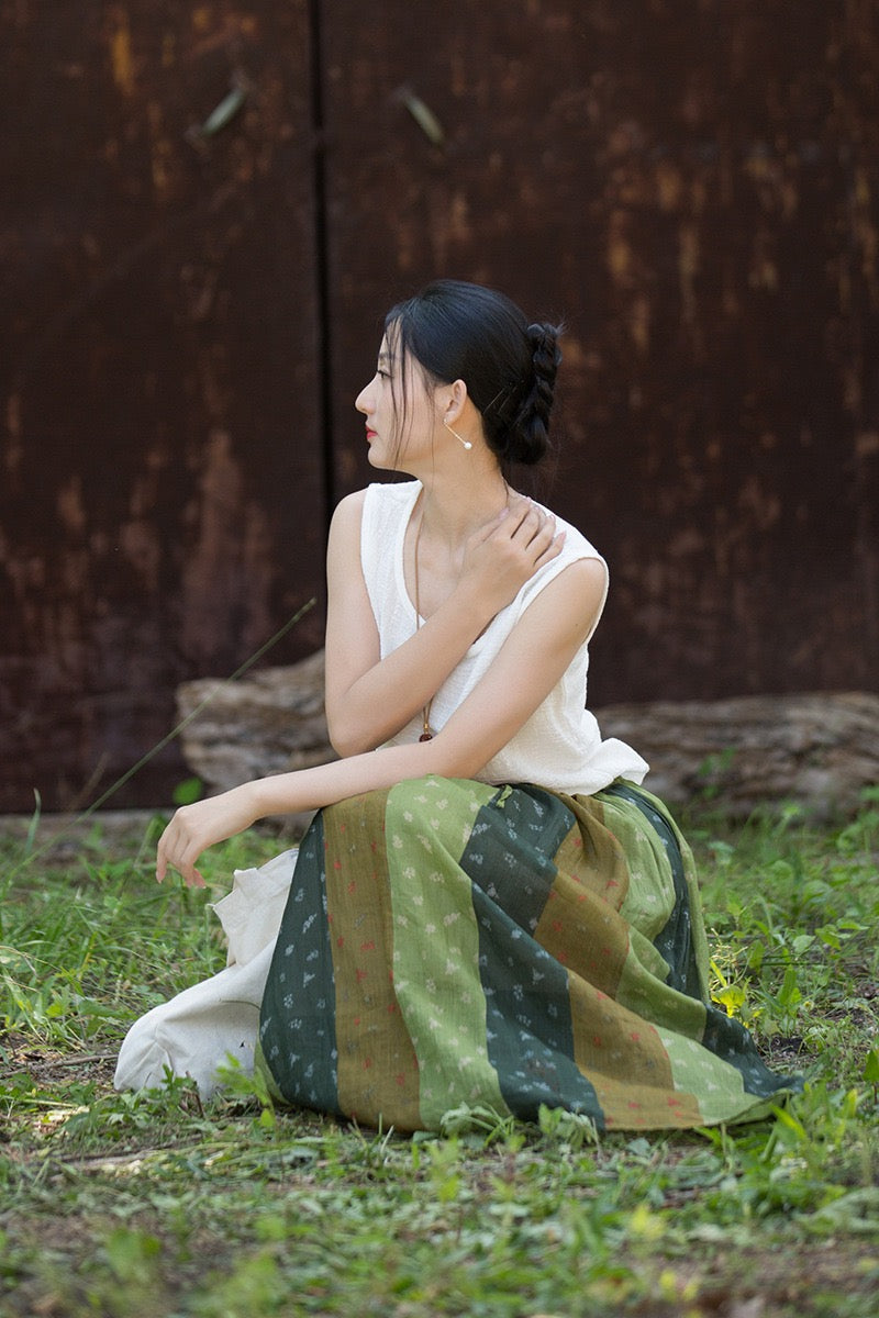 Tao One Tech™ • Zen Qigong Artistic Tea Floral Skirt • Sunscreen Layer • All Season Layer • Chinoiserie • Premium Pure Ramie