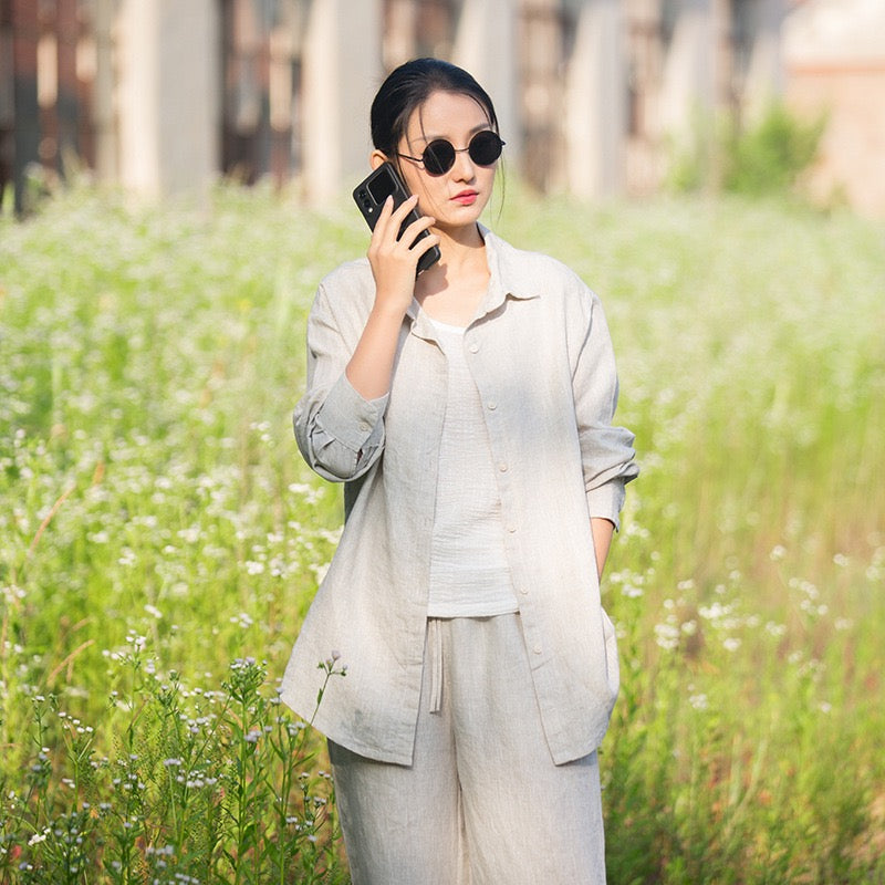 Tao One Tech™ • Zen Business Qigong Tea Cardigan Shirt • Sunscreen Layer • All Season Layer • Chinoiserie • Premium Pure Hemp • Sizes S-L