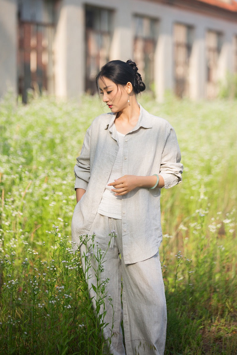 Tao One Tech™ • Zen Business Qigong Tea Cardigan Shirt • Sunscreen Layer • All Season Layer • Chinoiserie • Premium Pure Hemp • Sizes S-L