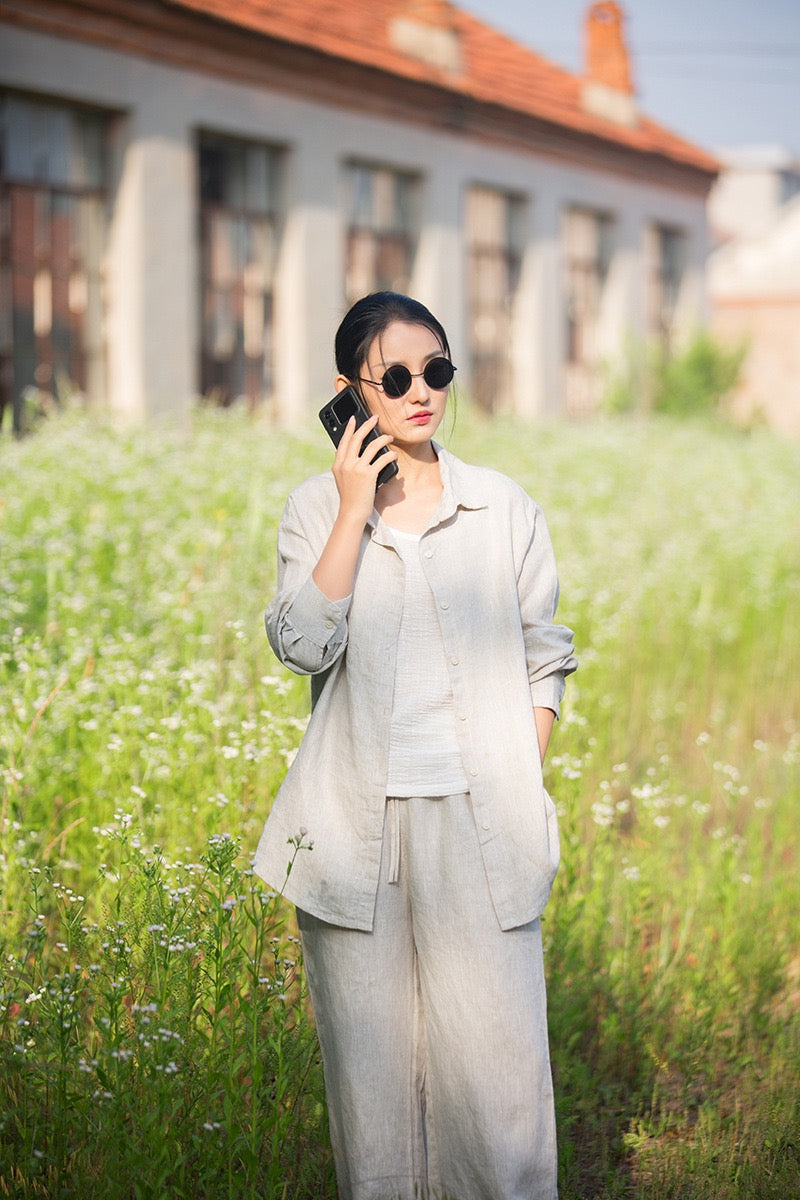Tao One Tech™ • Zen Business Qigong Tea Cardigan Shirt • Sunscreen Layer • All Season Layer • Chinoiserie • Premium Pure Hemp • Sizes S-L