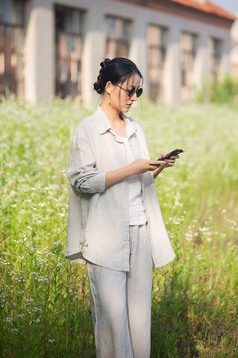 Tao One Tech™ • Zen Business Qigong Tea Cardigan Shirt • Sunscreen Layer • All Season Layer • Chinoiserie • Premium Pure Hemp • Sizes S-L