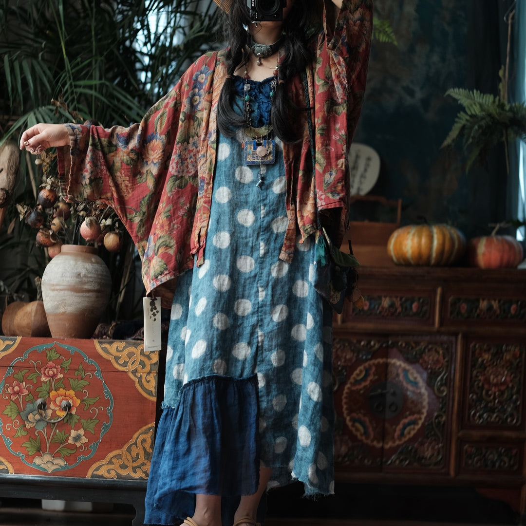 Tao One Tech™ • Zen Artistic Autumn Waves Dress • Matching Floral Kimono • Cotton Linen