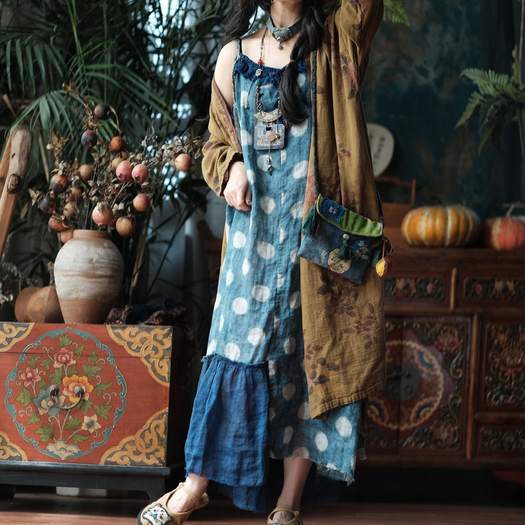 Tao One Tech™ • Zen Artistic Autumn Waves Dress • Matching Floral Kimono • Cotton Linen