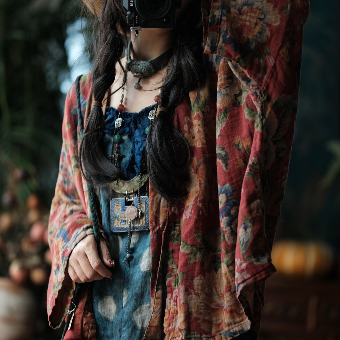 Tao One Tech™ • Zen Artistic Autumn Waves Dress • Matching Floral Kimono • Cotton Linen