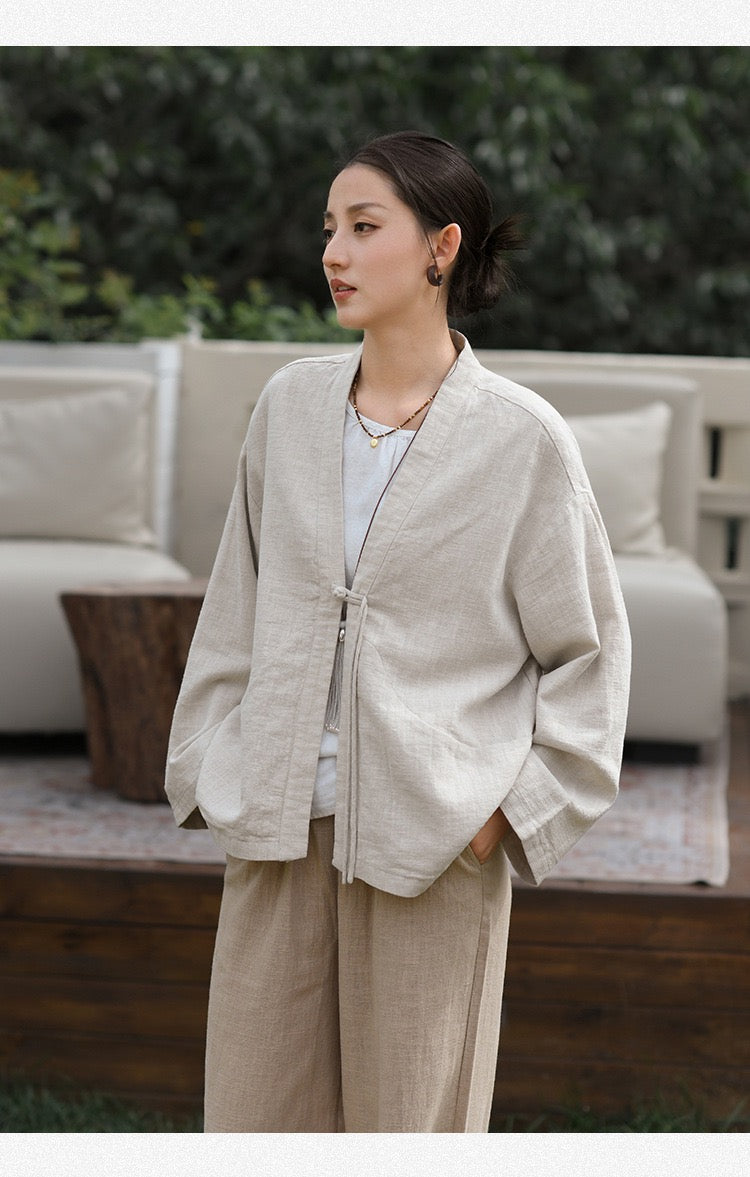Tao One Tech™ • Zen Elegance Kimono Hanfu Jacket • Cardigan • Tech Pockets • Ramie Cotton • Cotton Lining