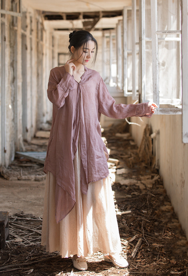 The Dao 道 of Zen Flow Robe Top • V-Neck • Linen Ramie Sunscreen Layer • Flowy Qi, Breathable, Durable