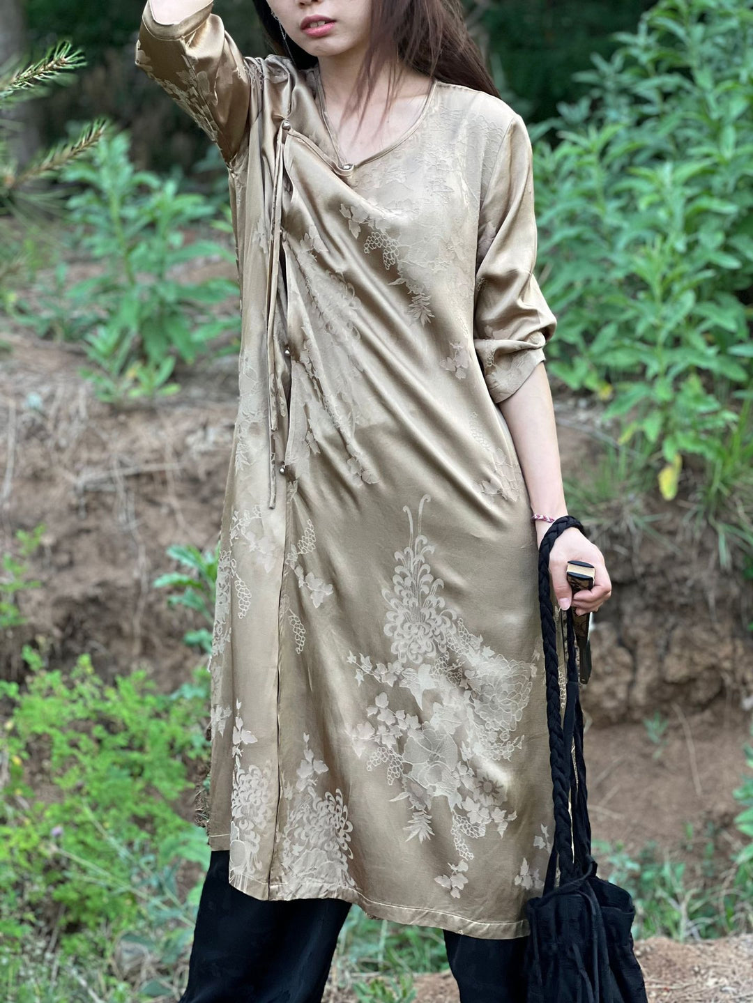 The Dao 道 of Zen Floral Jacquard Cardigan • Silky Cheongsam • Long Shirt Dress • Áo Dài Qigong Robe • Cooling, Breathable Air Flow, Perfect Temperature • Silky Tencel Lyocell • Sunscreen Layer