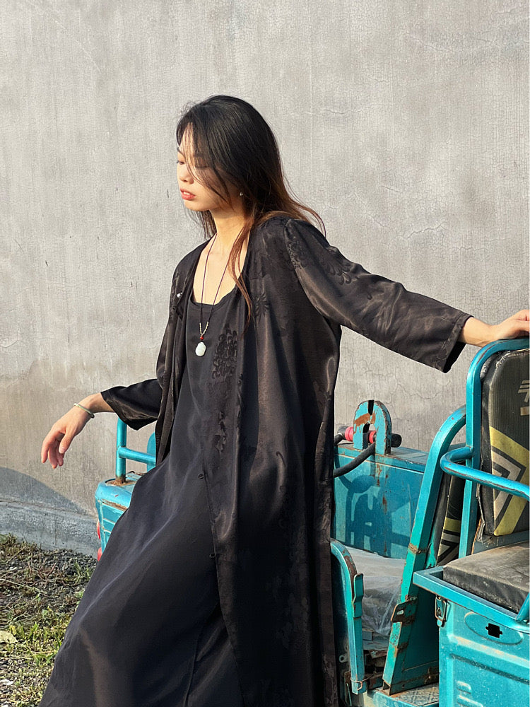 The Dao 道 of Zen Floral Jacquard Cardigan • Silky Cheongsam • Long Shirt Dress • Áo Dài Qigong Robe • Cooling, Breathable Air Flow, Perfect Temperature • Silky Tencel Lyocell • Sunscreen Layer