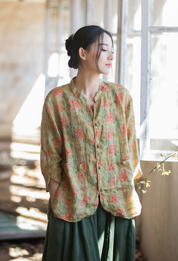 The Dao 道 of Zen Floral Roses Top and Cardigan • Watercolour Paint Art • Linen Ramie Sunscreen Layer • Flowy Qi, Breathable, Durable