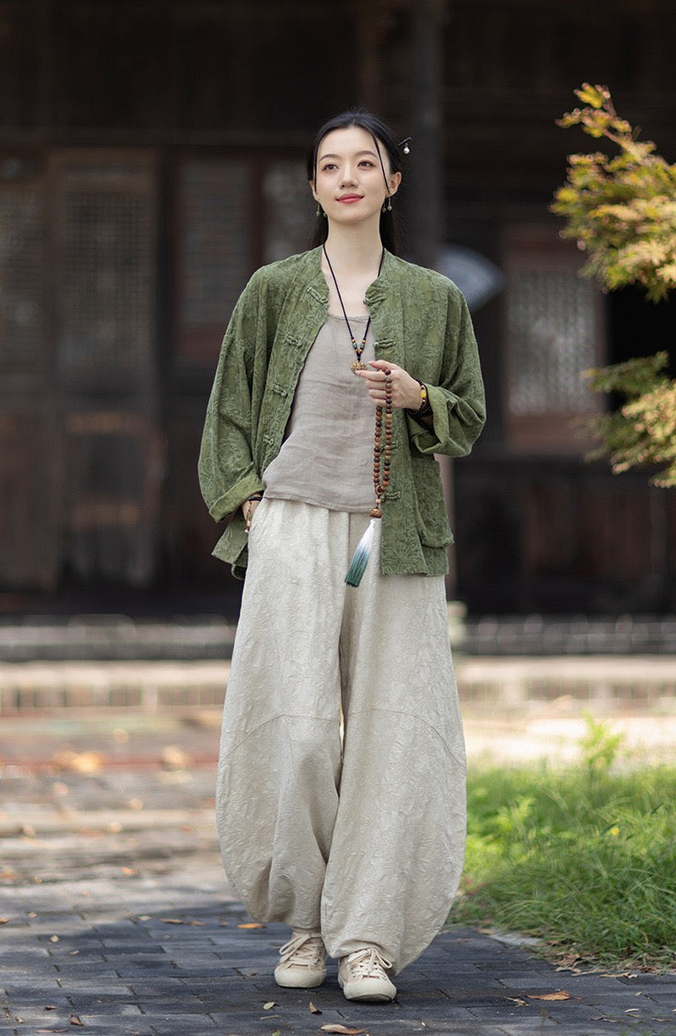 Tao One Tech™ • Yin–Yang Floral Jacquard Qigong Flow Pants • Tech Pockets • Cotton Linen