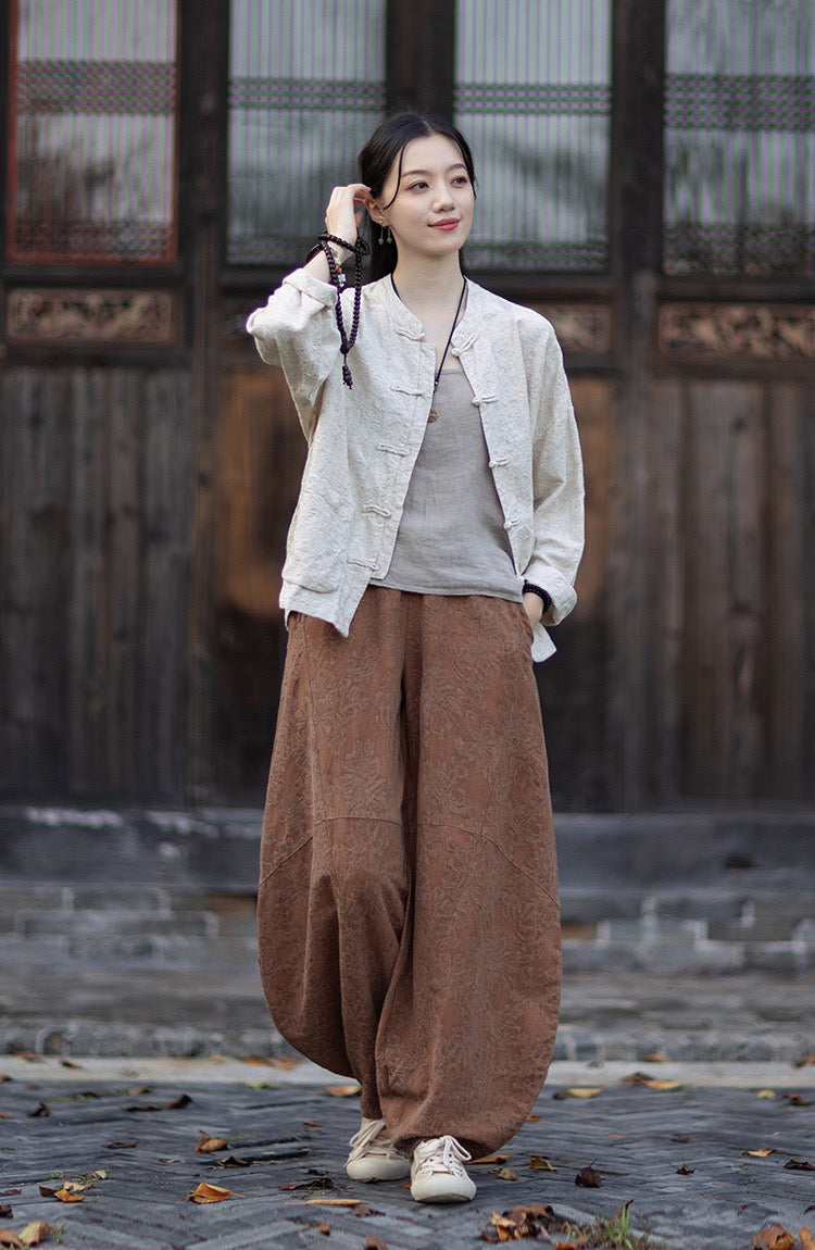 Tao One Tech™ • Yin–Yang Floral Jacquard Qigong Flow Pants • Tech Pockets • Cotton Linen