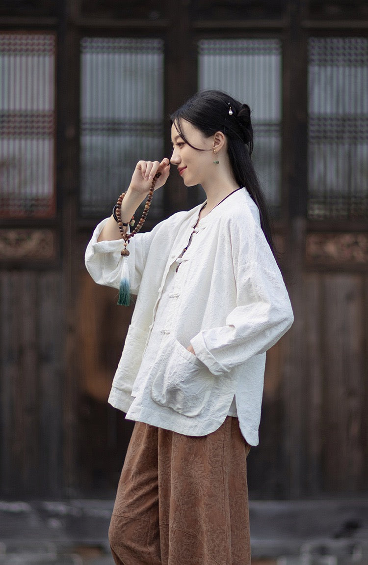 Tao One Tech™ • Yin–Yang Floral Jacquard Qigong Flow Pants • Tech Pockets • Cotton Linen