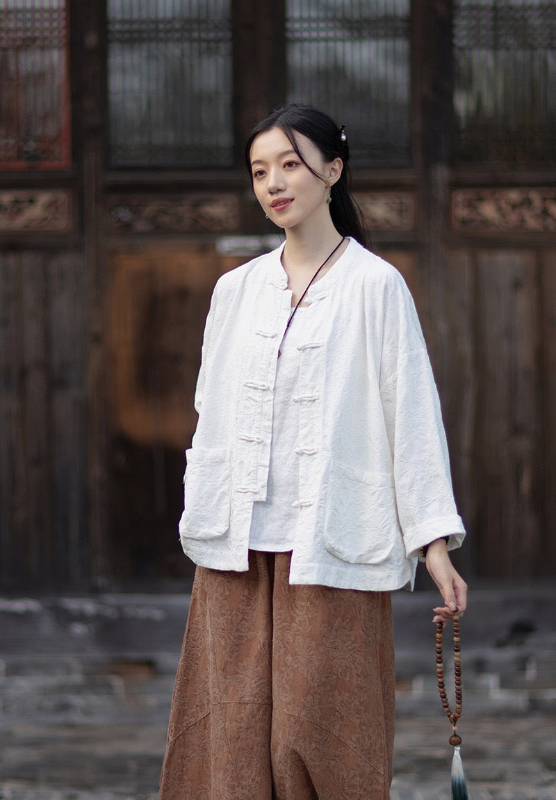 Tao One Tech™ • Yin–Yang Floral Jacquard Qigong Flow Pants • Tech Pockets • Cotton Linen