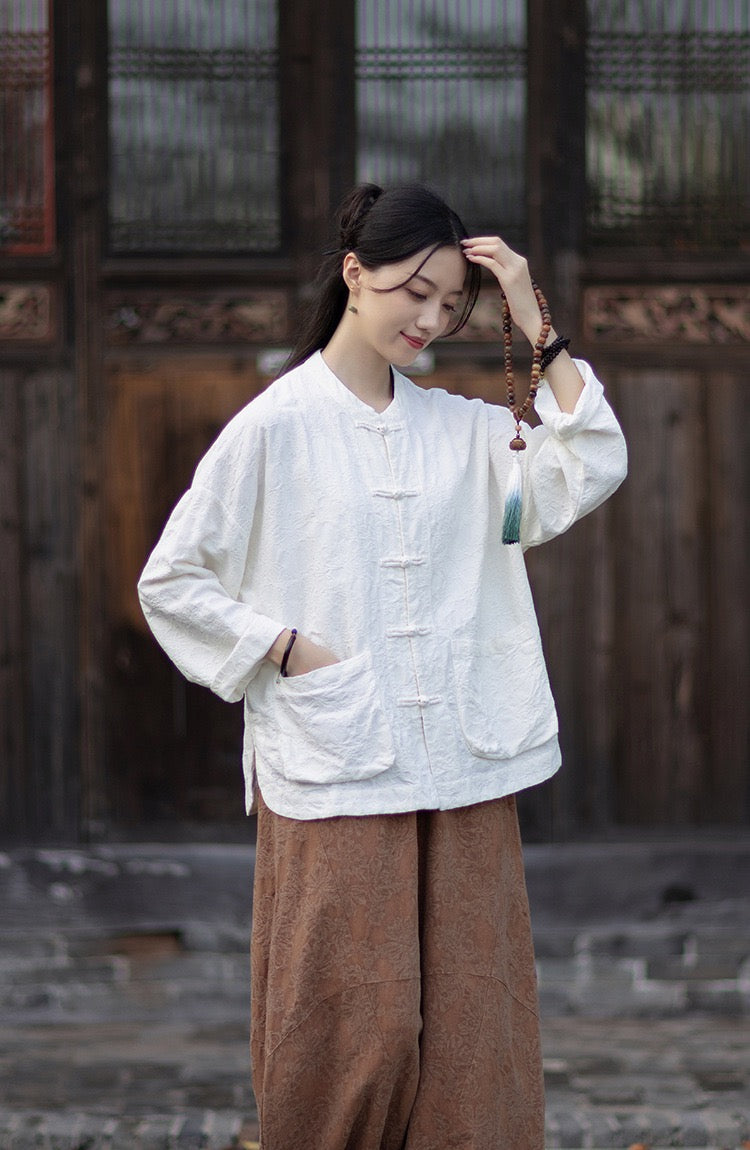 Tao One Tech™ • Yin–Yang Floral Jacquard Qigong Flow Pants • Tech Pockets • Cotton Linen