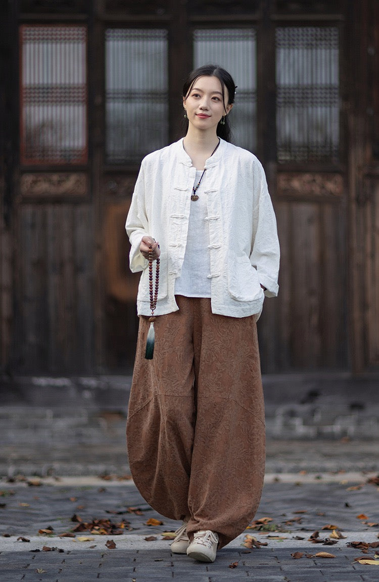 Tao One Tech™ • Yin–Yang Floral Jacquard Qigong Flow Pants • Tech Pockets • Cotton Linen