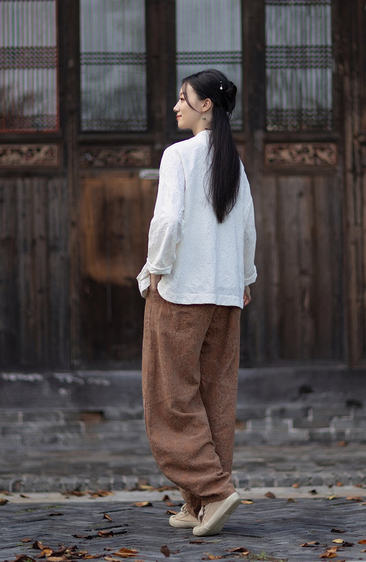 Tao One Tech™ • Yin–Yang Floral Jacquard Qigong Flow Pants • Tech Pockets • Cotton Linen