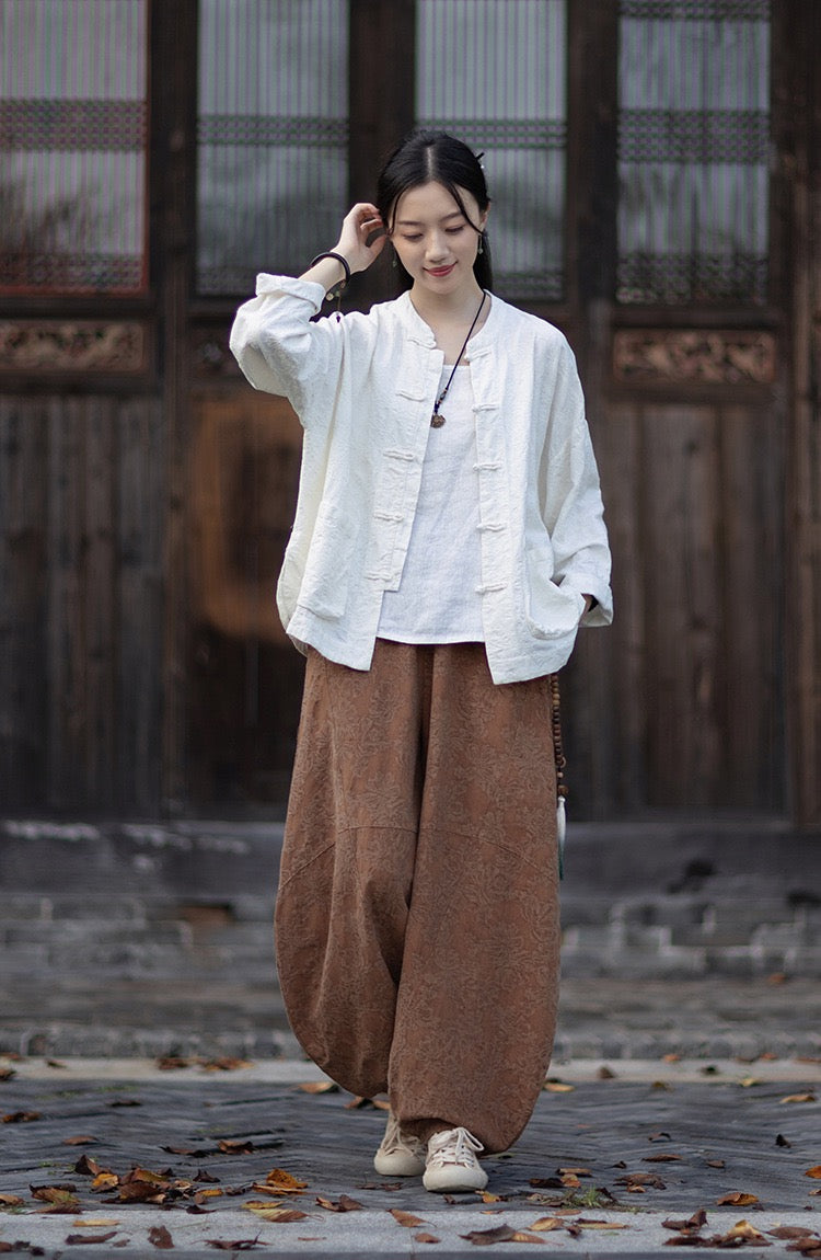 Tao One Tech™ • Yin–Yang Floral Jacquard Qigong Flow Pants • Tech Pockets • Cotton Linen