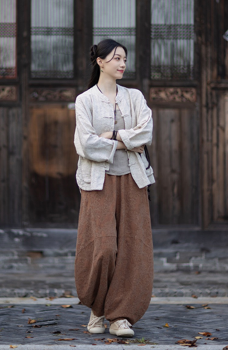 Tao One Tech™ • Yin–Yang Floral Jacquard Qigong Flow Pants • Tech Pockets • Cotton Linen